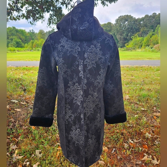 Dennis Basso Madison Avenue Jaquard Floral Print Faux Shearling Coat Hood Black - Picture 2 of 10